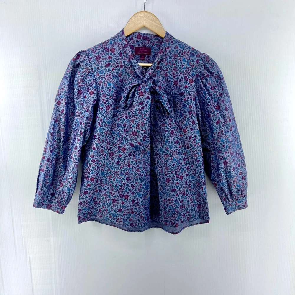 J Crew Tie Neck Blouse In Liberty Colombo Chambray Blue Multi Womens XS‎
